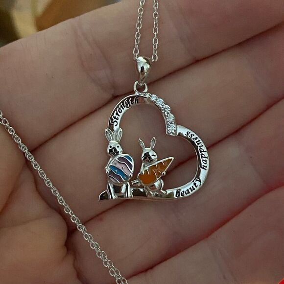 Bunny, Strength, Beauty, Happiness Heart CZ Necklace - Picture 3 of 5